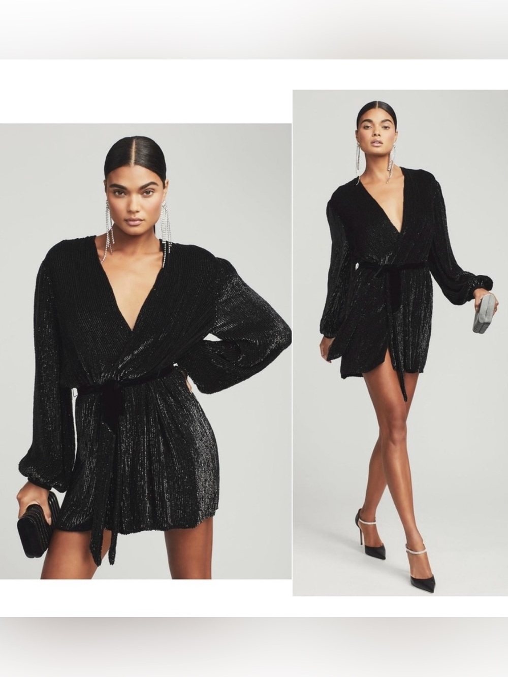 Retrofete Black Shimmery V-Neck Long Sleeve Mini Dress
